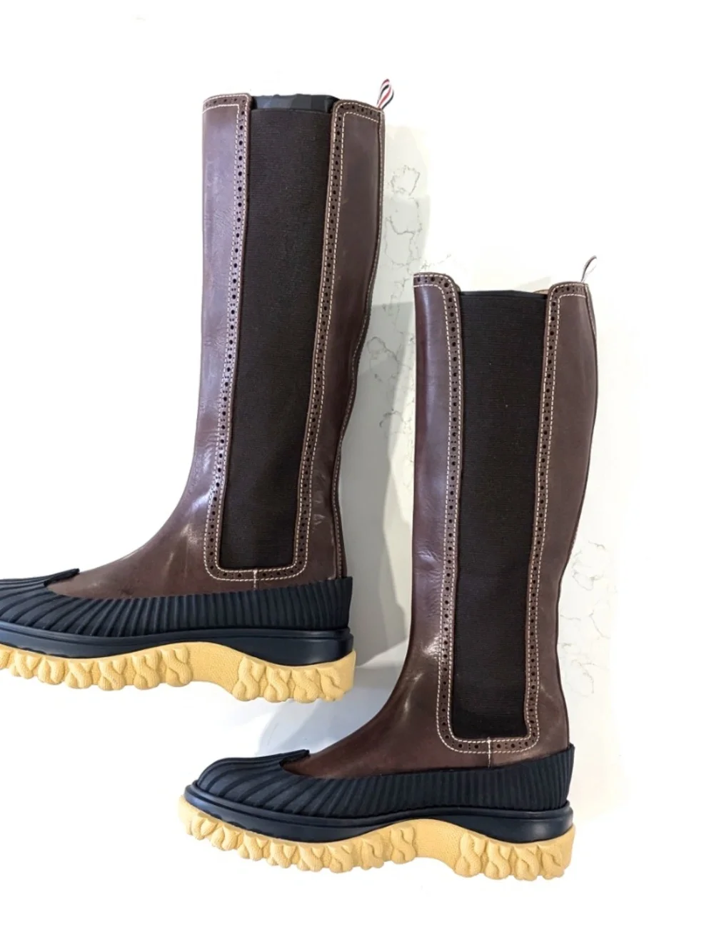THOM BROWNE Knee High Chelsea Duck Boots Brown Leather Rubber Sole SIZE 9
